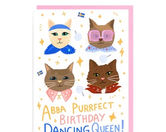 Tarjeta de cumpleaños de Abba Cats: Dancing Queen, Mamma Mia, música de los 70