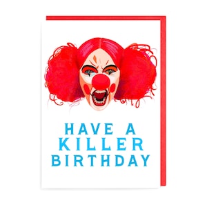 Tarjeta de cumpleaños de Villanelle, payaso asesino, Killing Eve, Jodie Comer, divertido y aterrador vestido rosa lindo, personaje de televisión, psicópata, chica, asesina, villano