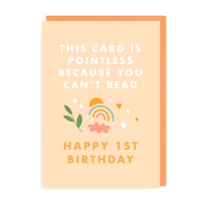 Punktloser Erster Geburtstag Karte, lustiger Witz, niedliches Baby, Wolken, Regenbogen, Gelb, Gleichstellung, Eltern, Belaubt, Blumen, einfach sarkastisch