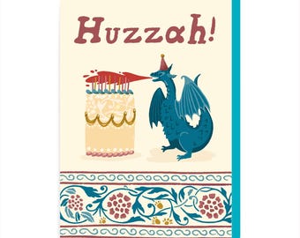 Huzzah Dragon Birthday Card - Fantasy Floral Fire