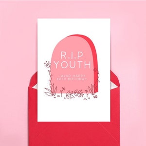 Carte d'anniversaire RIP jeunesse 30e, RIP drôle d'humour noir gothique rose joli gothique emo cimetière effrayant octobre effrayant