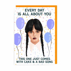 Biglietto d'auguri per mercoledì Addams, gotico oscuro, bianco e nero, morte, divertente, femminista, inquietante
