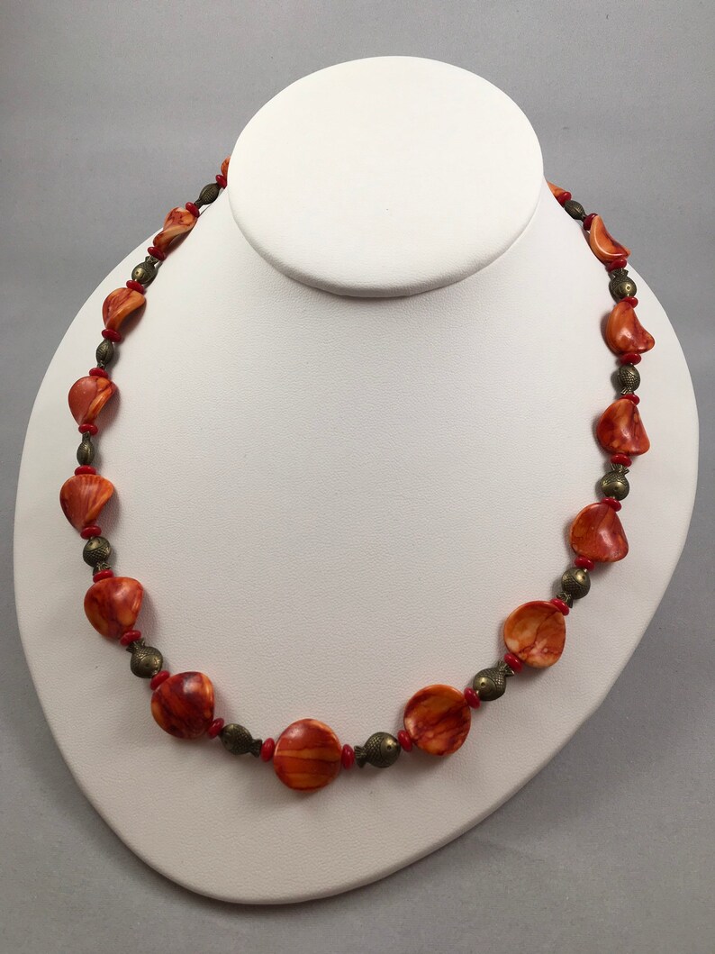 red Orange and miniature antique bronze fish necklace and earrings jewelry set