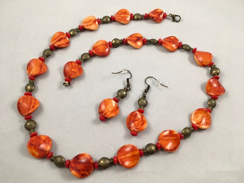 red Orange and miniature antique bronze fish necklace and earrings jewelry set