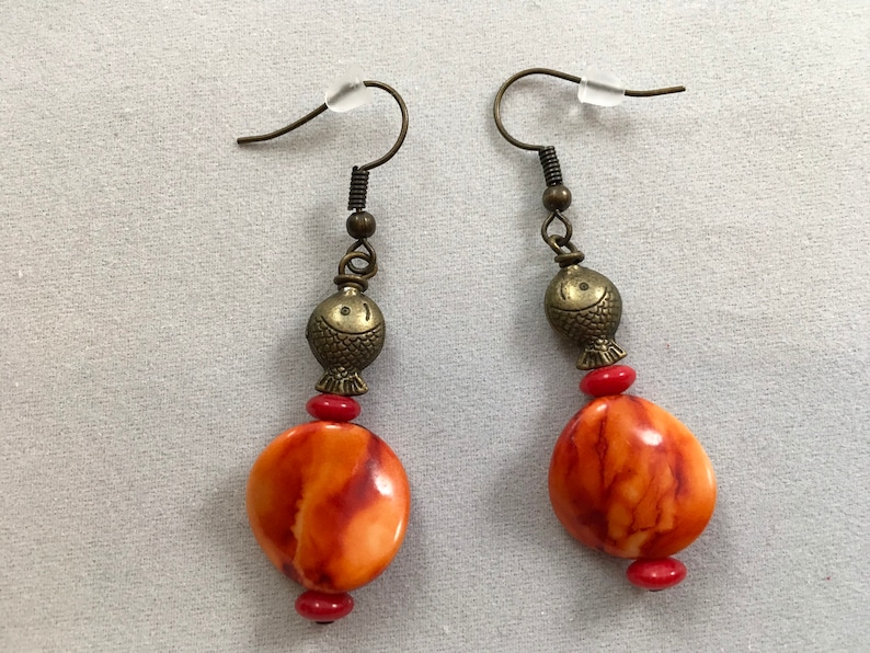 red Orange and miniature antique bronze fish necklace and earrings jewelry set
