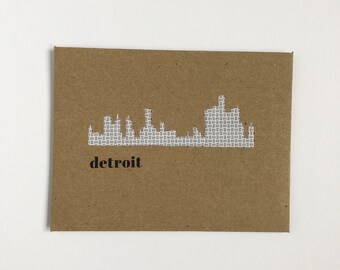 Detroit Art Detroit Skyline City Postkarten Grußkarten Handgemachte Stadt Skyline Michigan Kunst Michigan Geschenk wiederverwendet upcycled Papier