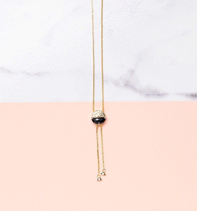Bolo collar necklace, Long bolo necklace, Chain lariat necklace, Layered and Long, Gift for mom, Minimalist necklace, Onyx Knot necklace image 1