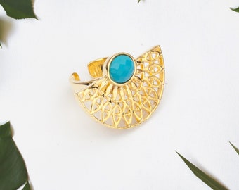 Turquoise ring, December birthstone, Half moon Gold ring, Fan ring, Double finger ring, Unique Ring, Gift for her, big ring, Travel inspired