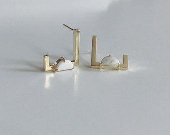 Geometric earrings, Square gold earrings, Square earrings, Minimalistic earrings, Set earrings, Stud earrings, Gold earring, Howlite earring