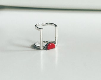 Geometric ring, Square ring, Minimalist ring, Adjustable ring, Dainty ring, Bar ring, Open Square Ring, Gift for women, Red Coral jewelry,
