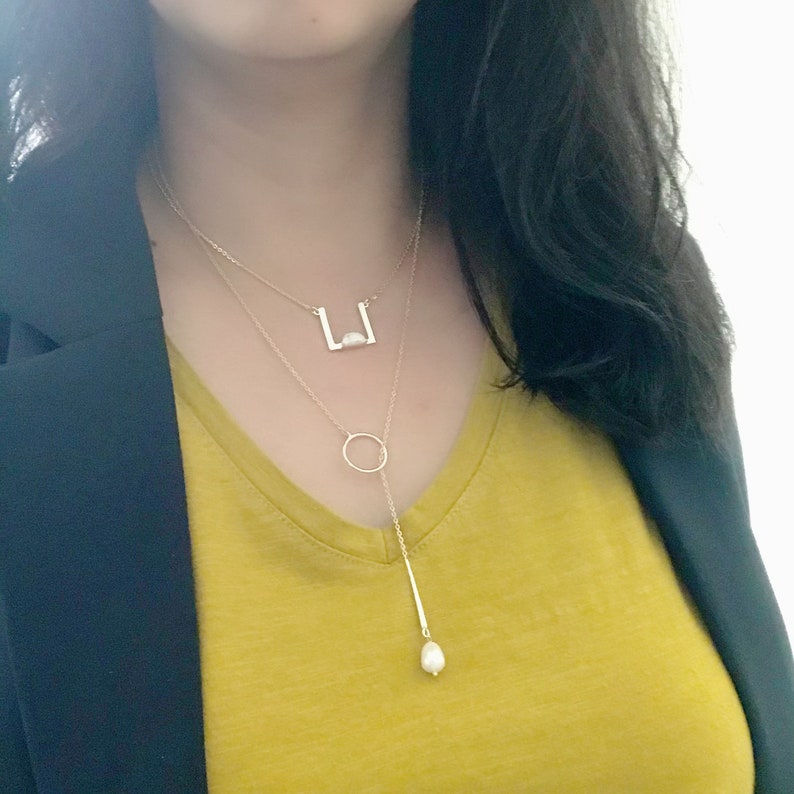 Gold Square Necklace, Dainty Gold Necklace, Delicate Layering Necklace with stone, Gold Geometric Necklace, Minimalistic necklace image 2