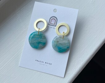 Blue circle Clay Earrings, Statement earrings, sand and sea clay Earrings, Light weight Earrings