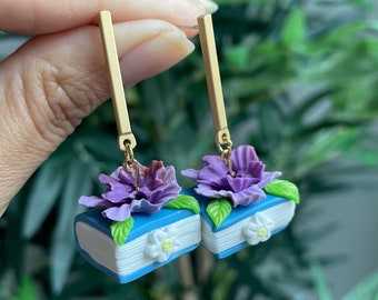 Book flower Earrings, Handmade Polymer Clay Earrings, Spring Clay Earrings, flower Clay book Earrings, statement Earrings