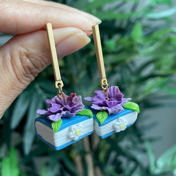 Book flower Earrings, Handmade Polymer Clay Earrings, Spring Clay Earrings, flower Clay book Earrings, statement Earrings