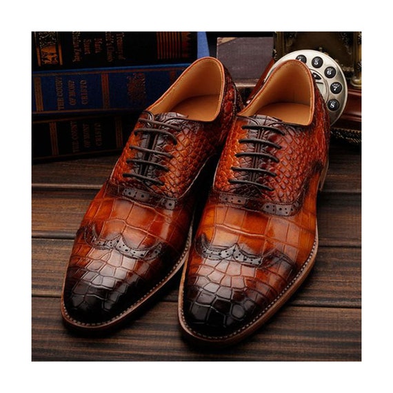 Handmade Men's Tan Alligator Print Leather Wingtip Brogue - Etsy