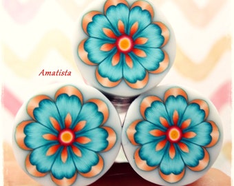 Polymer clay ﬂower cane: Raw polymer clay cane - Milleﬁori cane supplies - Turquoise-orange ﬂower cane - Supplies for jewelers