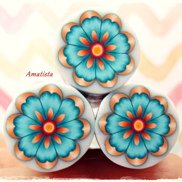 Polymer clay ﬂower cane: Raw polymer clay cane - Milleﬁori cane supplies - Turquoise-orange ﬂower cane - Supplies for jewelers