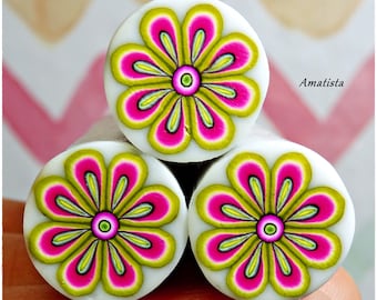 Polymer clay flower cane: Raw polymer clay cane - Millefiori cane supplies - Green-fuchsia flower cane - Supplies for jewelers