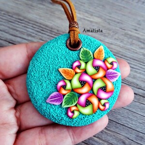 Colorful Stripes Yellow, Black, Orange, Aqua Blue Artsy Colorful Clay Necklace Abstract Design Polymer Clay Pendant Necklace Unique