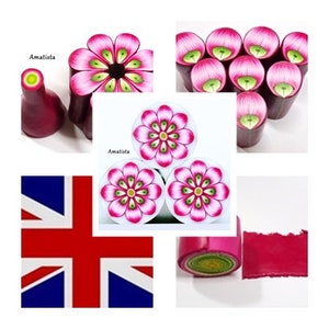 Puede incluir: Primer plano de tres flores de arcilla polimérica rosa y verde sobre un fondo blanco. Las flores tienen un diseño de mandala con un círculo central y múltiples pétalos. El texto "Amatiste" es visible en la imagen.