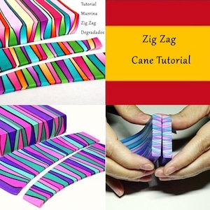 May include: A polymer clay cane tutorial showing how to create a zig zag pattern. The image shows the cane being cut and assembled. The text in the image reads "Zig Zag Cane Tutorial".