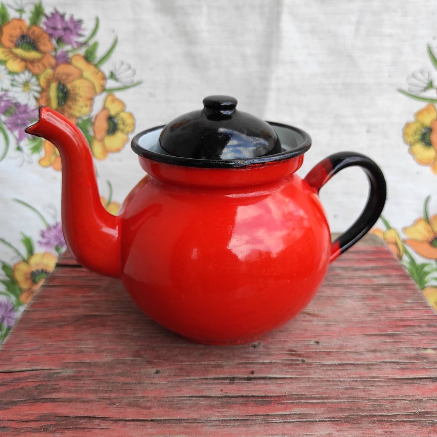 Vintage Polish Teapot Red Enamel Teapot Retro kitchen decor Etsy