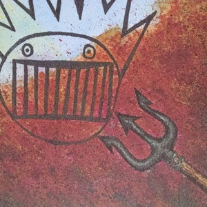 May include: A black and white illustration of a cartoon face with a large mouth and a trident in the foreground. The background is a red and brown watercolor wash.