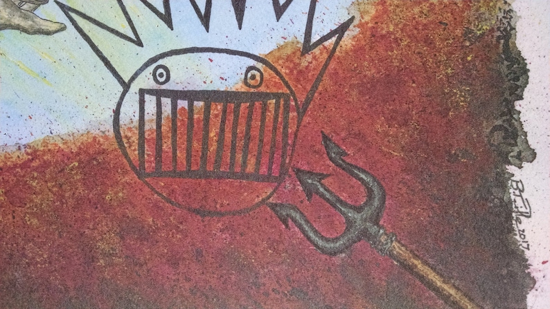 May include: A black and white illustration of a cartoon face with a large mouth and a trident in the foreground. The background is a red and brown watercolor wash.