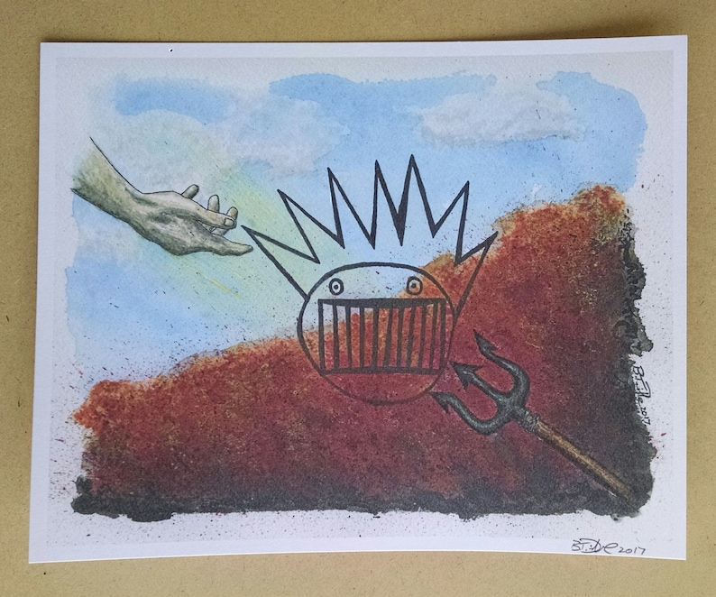 May include: A watercolor painting of a hand reaching out to a cartoon creature with a barbed crown and a mouth with bars. The creature is holding a trident. The background is a blue and red watercolor wash.