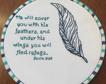 6" Finished Embroidery Art, Psalm 91:4, Scripture, Bible Verse, Under his wings you will find refuge.