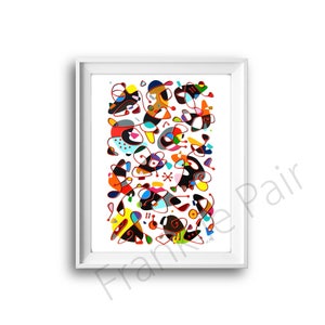 Op de afbeelding: Abstracte kunstprint met een witte achtergrond en kleurrijke vormen, lijnen en stippen. De vormen zijn in verschillende kleuren, waaronder rood, oranje, geel, groen, blauw, paars en zwart. De lijnen zijn rood en zwart. De stippen zijn wit, zwart en rood.