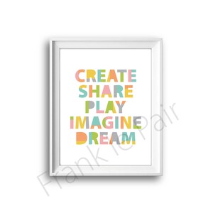 Create,Share,Play,Imagine,Dream,Poster,Inspirational Poster,Motivational Print,Happiness,Happy Print,Printable Quote,Art Kids Room,Nursery