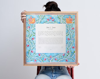 Ketubah, Watercolor Traditional Ketubah, Jewish wedding Gift, Custom Ketubah, Wedding Ketubah, Birds on Pomegranate Tree Ketubah Ketubah