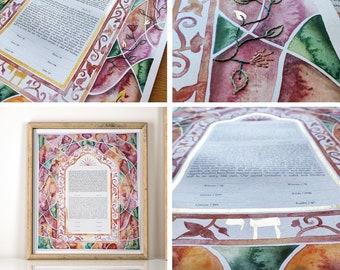 Custom Watercolor, Embroidered, Glass Beads & Pure Gold Leaf Ketubah | Modern Colorful Jewish Ketubah | Contemporary Interfaith Ketubah