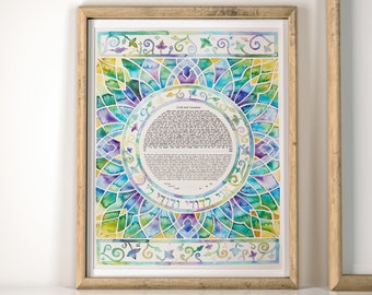 Watercolor Mandala Custom Ketubah |  Purple and Green Modern Stained Glass Ketubah