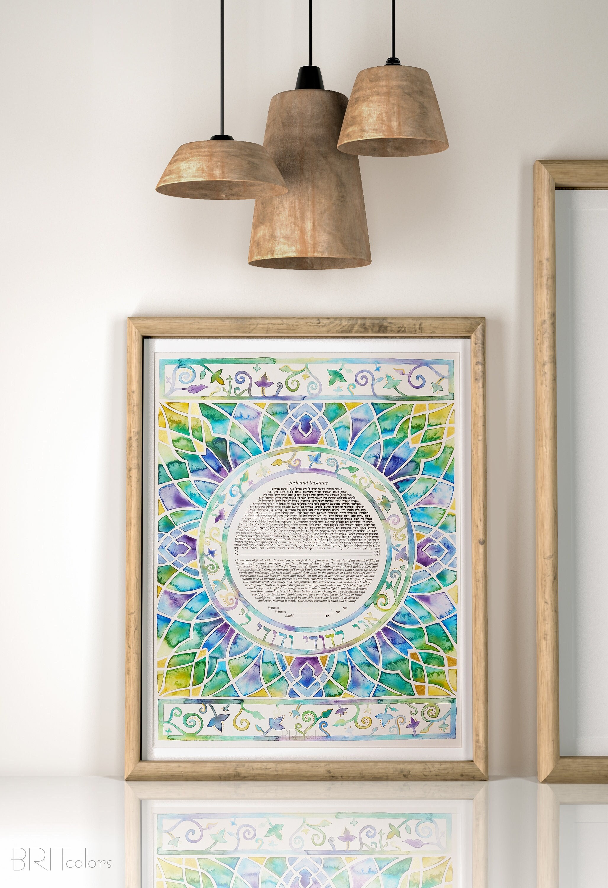 水彩曼荼羅カスタム Ketubah | 紫と緑のモダンなステンド グラス