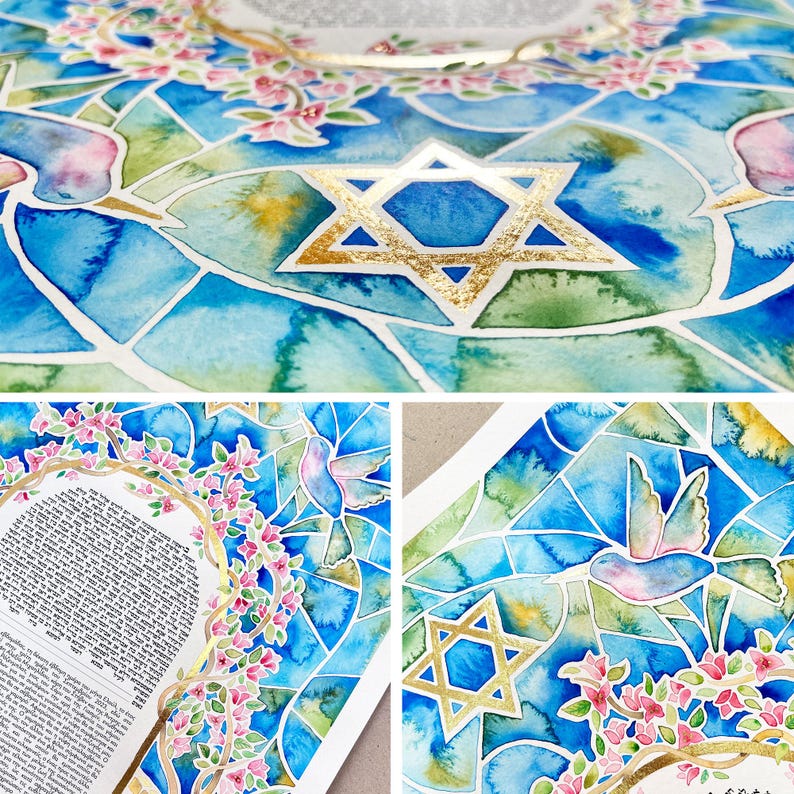 Custom watercolor ketubah with pure gold leaf by Brit Colors