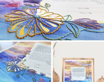 Custom Watercolor, Embroidered, Glass Beads & Pure Gold Leaf Ketubah | Modern Reform Jewish Ketubah | Contemporary Interfaith Ketubah