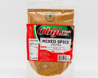 May include: A red and white resealable bag of Obijii Foods Ltd. Mixed Spice (Suya) seasoning. The bag contains a blend of ginger, hot red pepper, garlic, salt, and ground cloves. The bag has a nutrition facts label and a batch number of 60123.