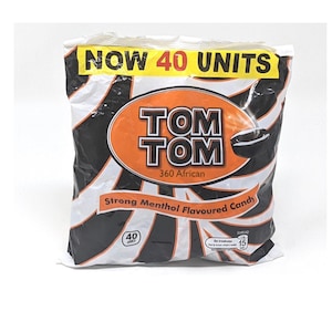 May include: A bag of Tom Tom 360 African strong menthol flavored candy. The bag is white with black diagonal stripes and features a large orange oval with the brand name. The text "NOW 40 UNITS" is displayed on a yellow banner.