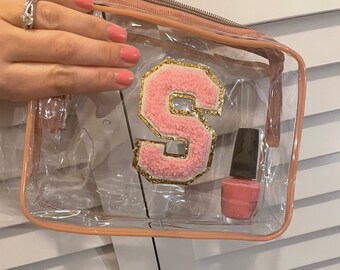 Personalized pink varsity letter patch clear makeup bag with rose gold zipper