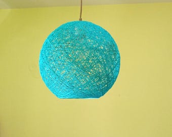 Handmade Globe Pendant Lamp, White Yarn Shade, Industrial Brass Accents, Rustic Farmhouse Lighting