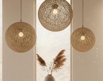 Dining Room Light, Large Globe Chandelier, Modern Table Lighting, Woven Yarn Pendant Lamp, Japandi Ceiling Light