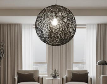 Black Sphere Pendant Light, Scandinavian Globe Ceiling Lamp, Modern Yarn Pendant, Custom Colors