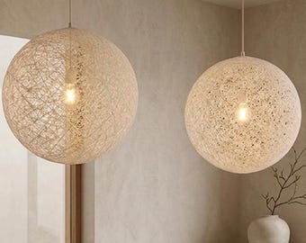 Lámpara colgante tipo globo color crema, lámpara de esfera de hilo, lámpara de techo escandinava, lámpara colgante moderna, luminaria de estilo bohemio.