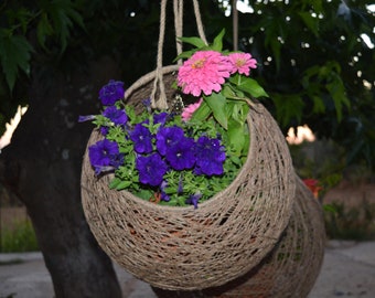 Hemp Hanging Plant Basket: Rustic Indoor Flower Pot Holder (20")