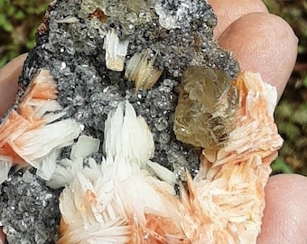 May include: A cluster of crystals with a variety of colors and textures. The cluster includes white, orange, and yellow crystals. The crystals are set in a dark gray matrix.