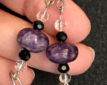 CHAROITE, clear crystal, and glass beads earrings