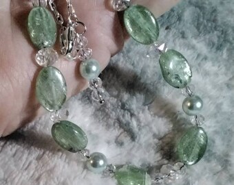 Green Kyanite Necklace, Faceted Quartz, Freshwater Pearl, Silver Chain