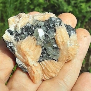 May include: A cluster of light brown barite crystals with green and black inclusions. The crystals are arranged in a fan-like shape and have a smooth, polished surface.
